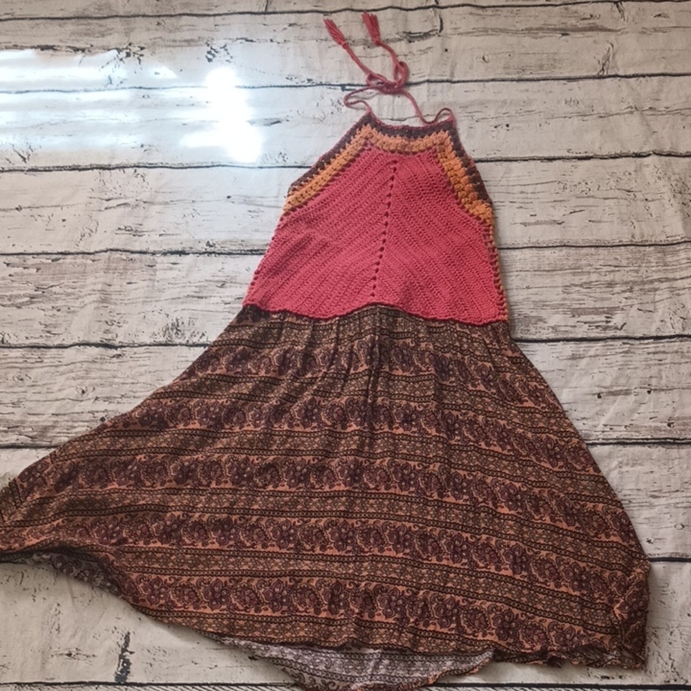 American Rag Orange Green Pink Crochet Floral Halter Dress M